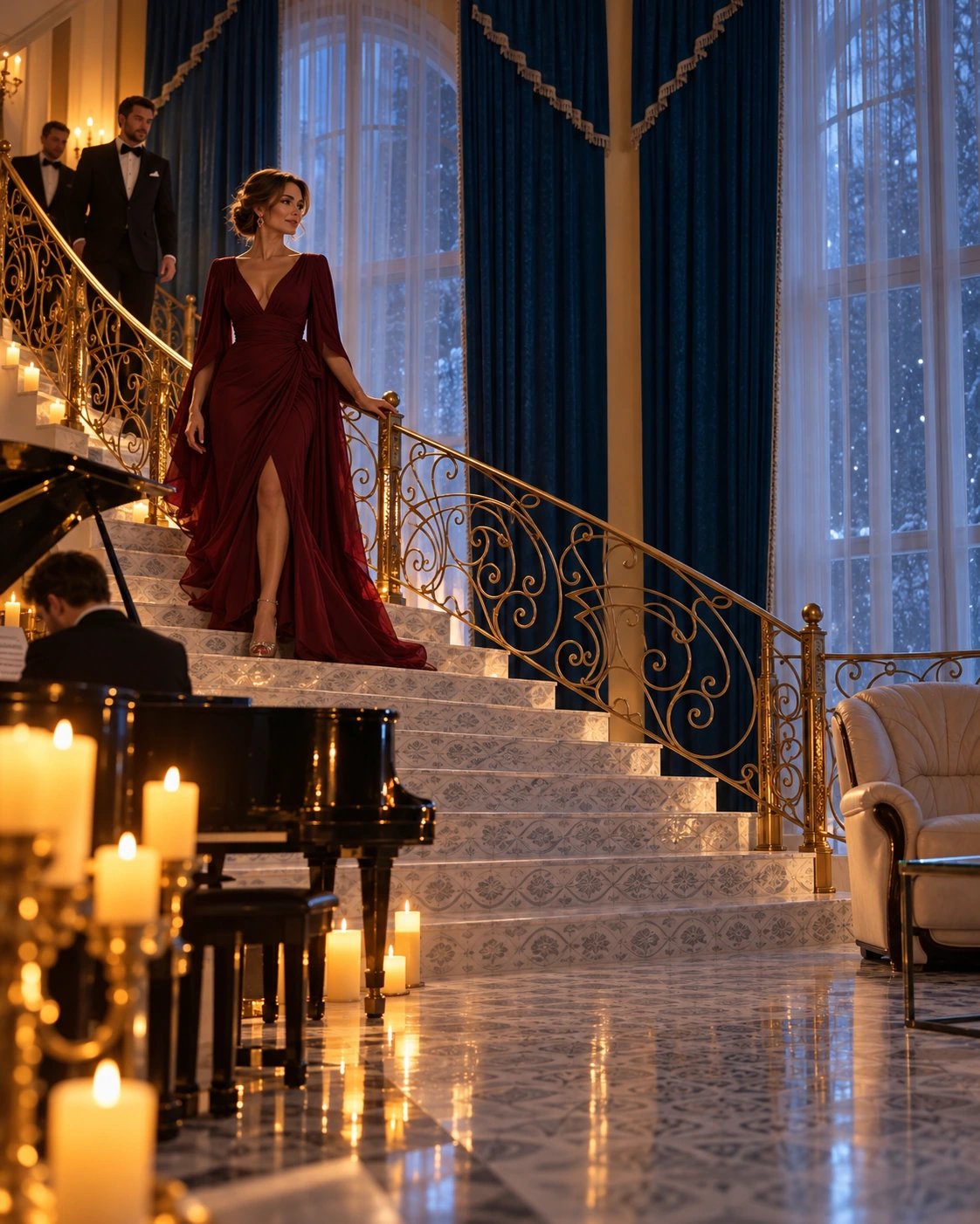 Вечерний образ на лестнице в эстетике Gatsby — иллюстрация программы